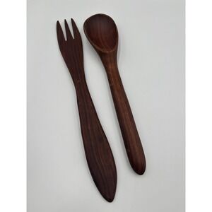 Artisan Hand Carved Wooden Salad Server Set Signed JEW 2014 Dark Wood Fork Spoon